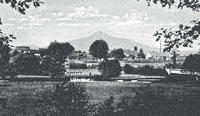 Boreček kolem roku 1943. Vpravo je most, dále po řece zdymadlo a náhon k místnímu mlýnu. Tovární komín je asančního ústavu (dodnes)